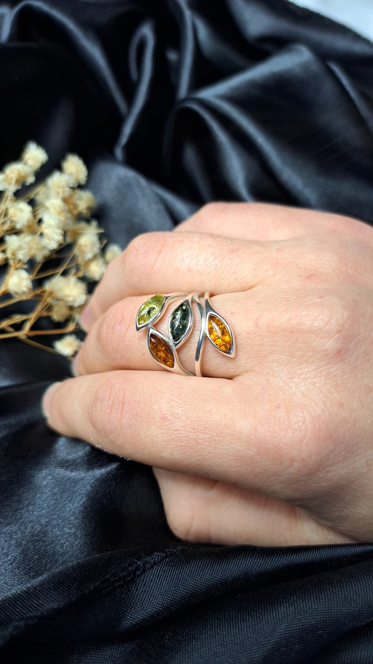 Mixed Amber leaves sterling silver ring