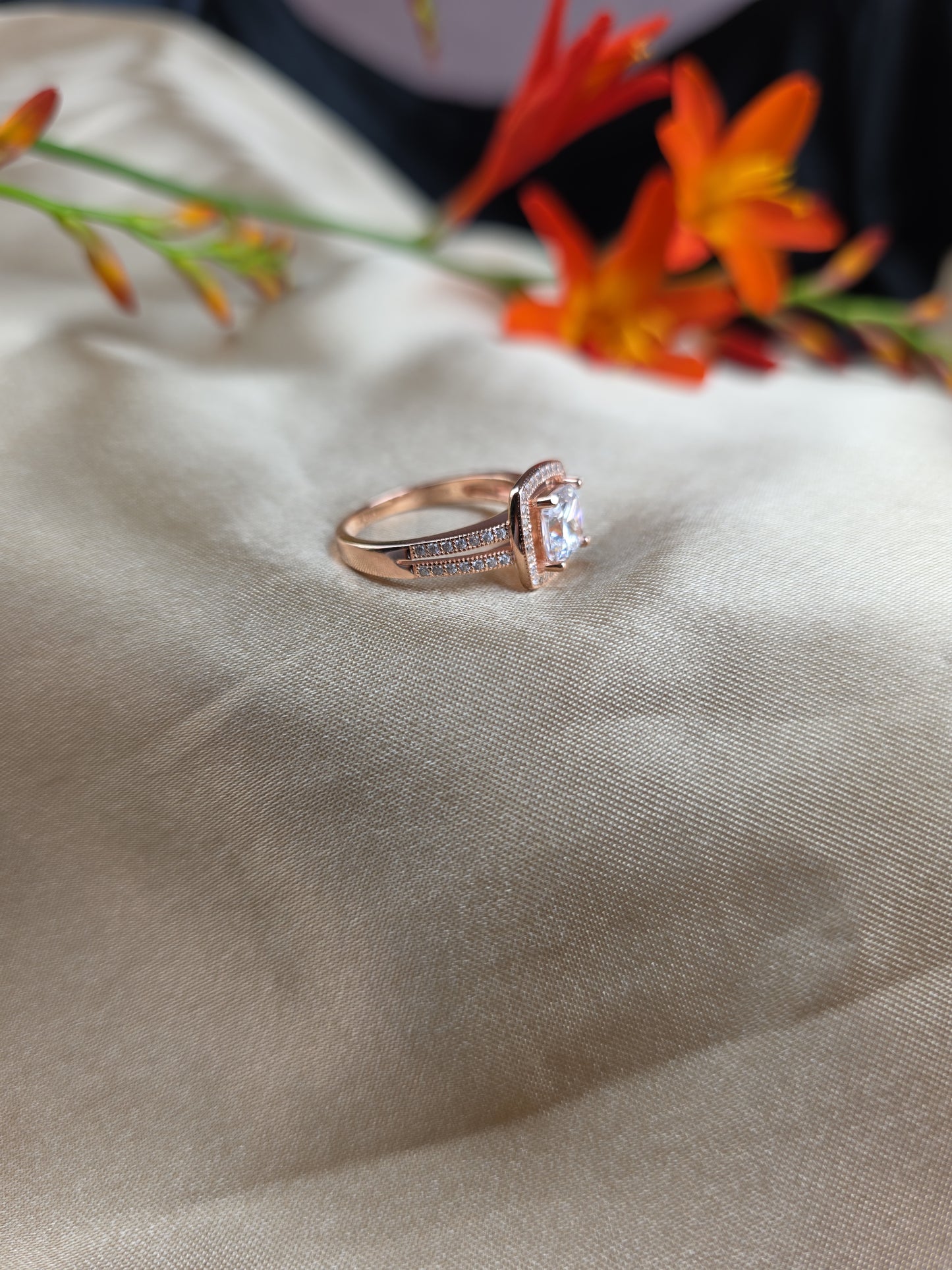 Rose gold plated micro set square halo cubic zirconia