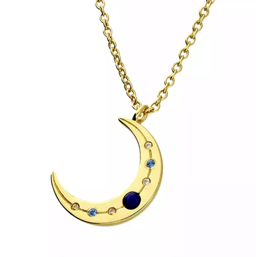 Yellow gold plated lapis and cubic zirconia moon on chain