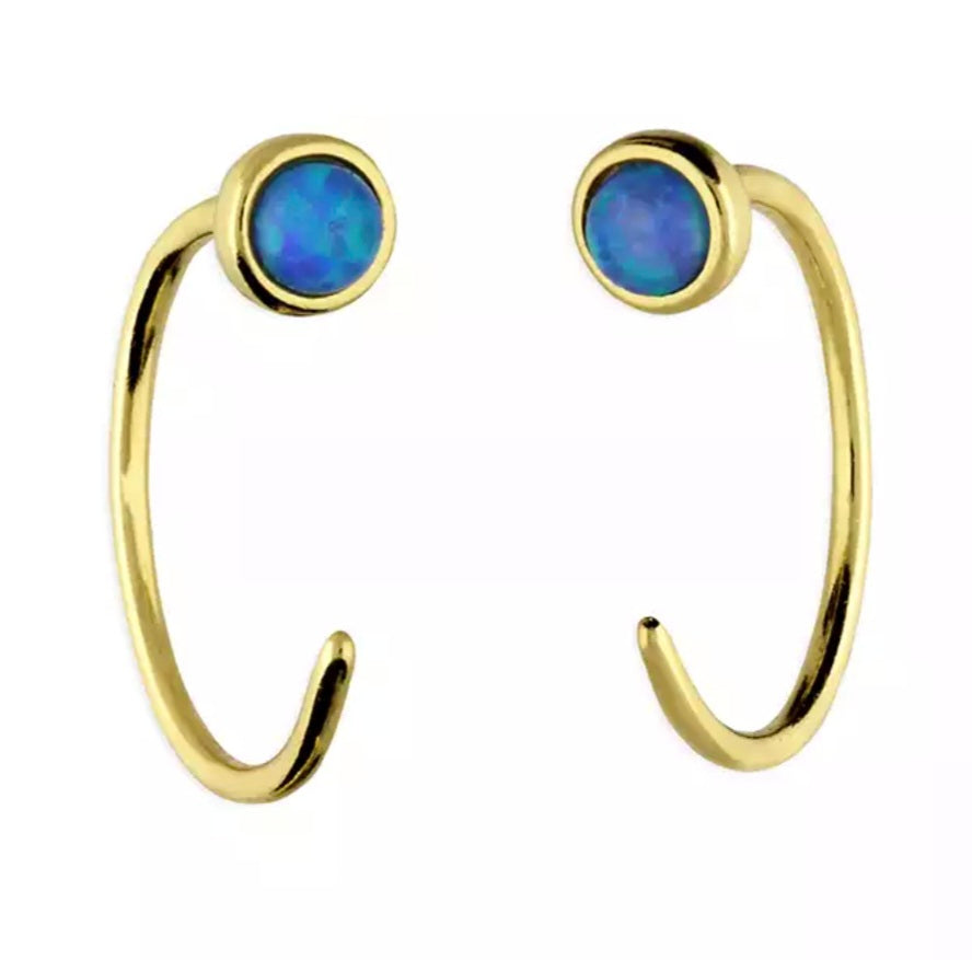 Yellow gold plated blue opal pull through hoop