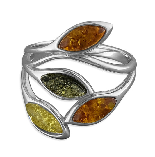 Mixed Amber leaves sterling silver ring