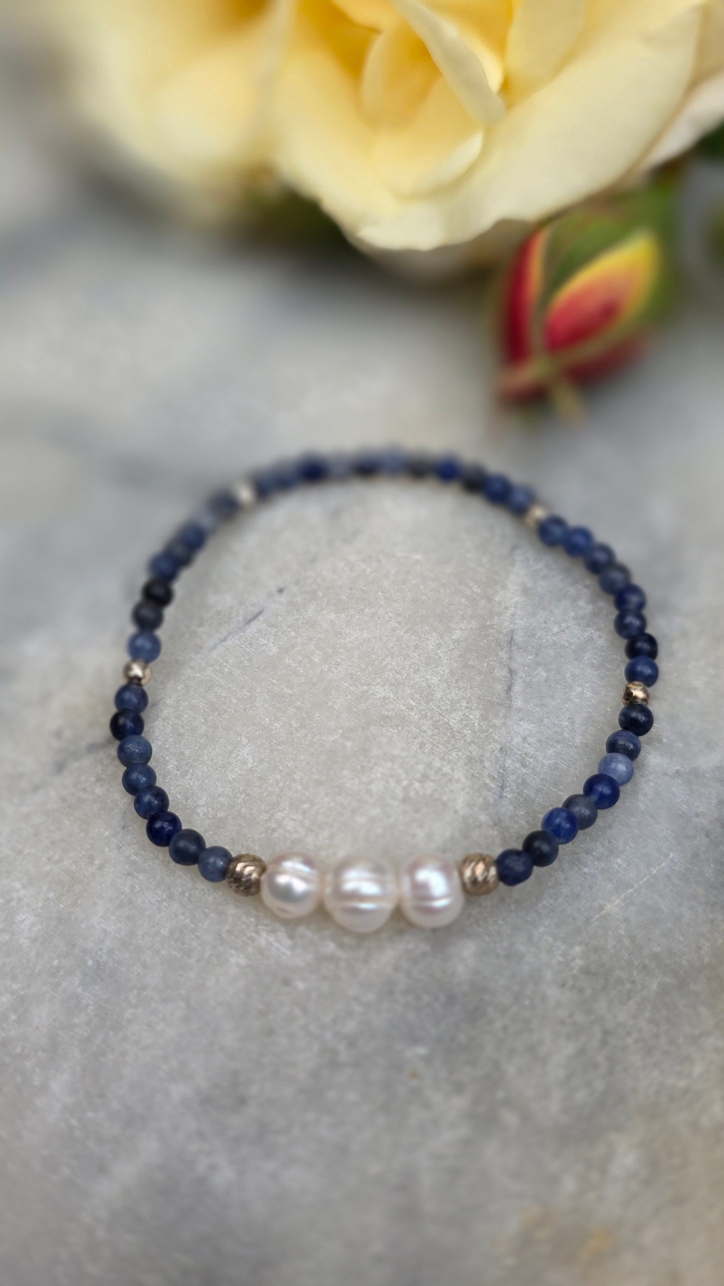 Sodalite Pearl Bracelet, 3mm Blue Gemstone, 6mm Freshwater Pearls, Sterling Silver Accents