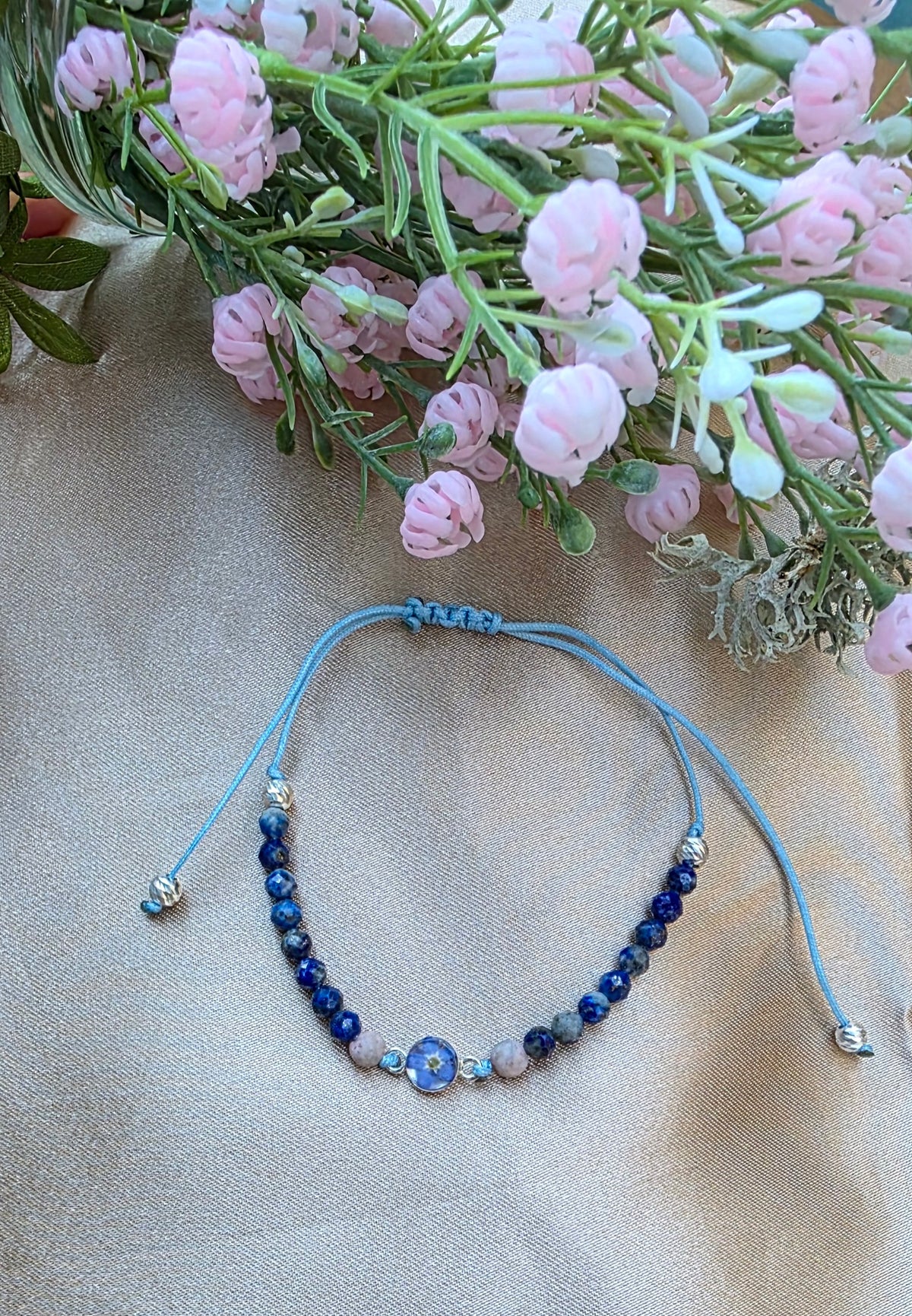 Handcrafted Forget-Me-Not Resin Bracelet, Sodalite Rhodonite Sterling Silver Beads, Botanical Jewelry