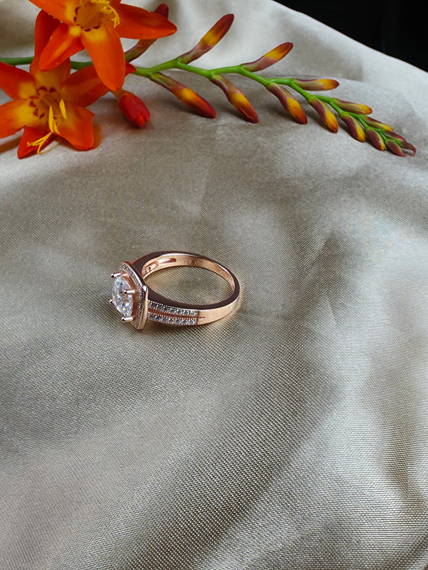 Rose gold plated micro set square halo cubic zirconia