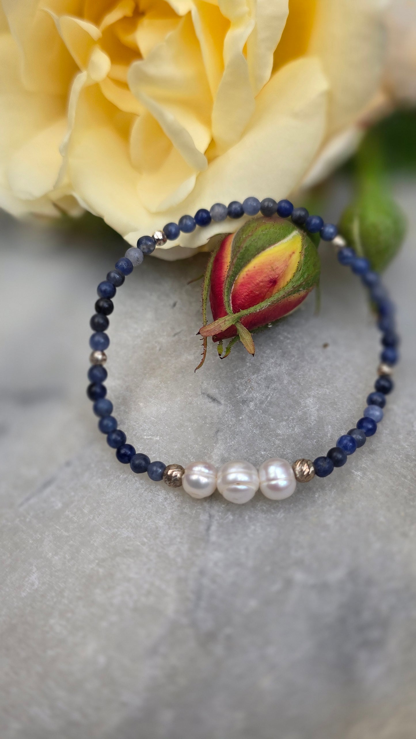 Sodalite Pearl Bracelet, 3mm Blue Gemstone, 6mm Freshwater Pearls, Sterling Silver Accents