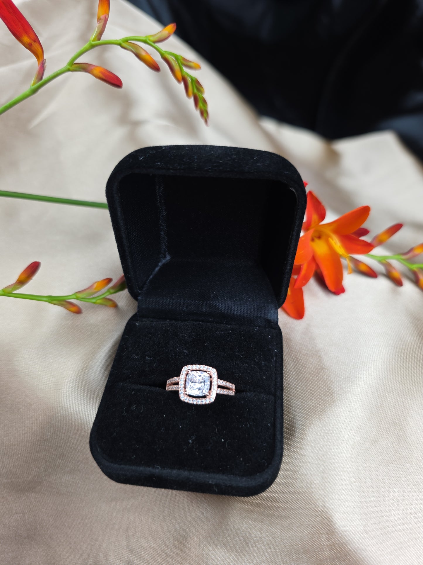 Rose gold plated micro set square halo cubic zirconia