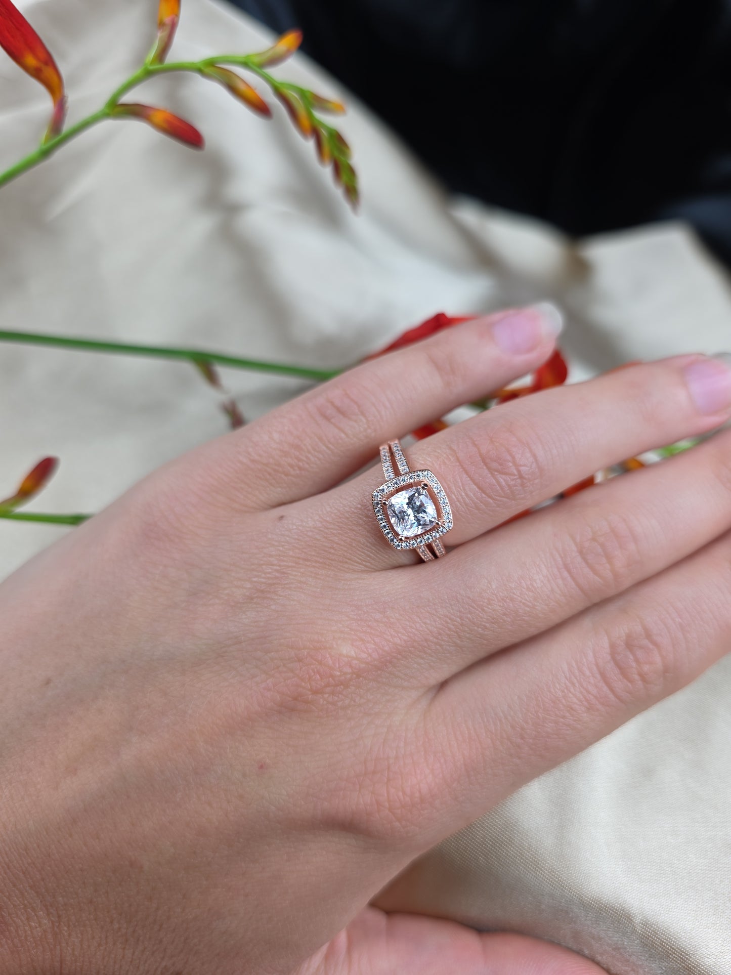 Rose gold plated micro set square halo cubic zirconia