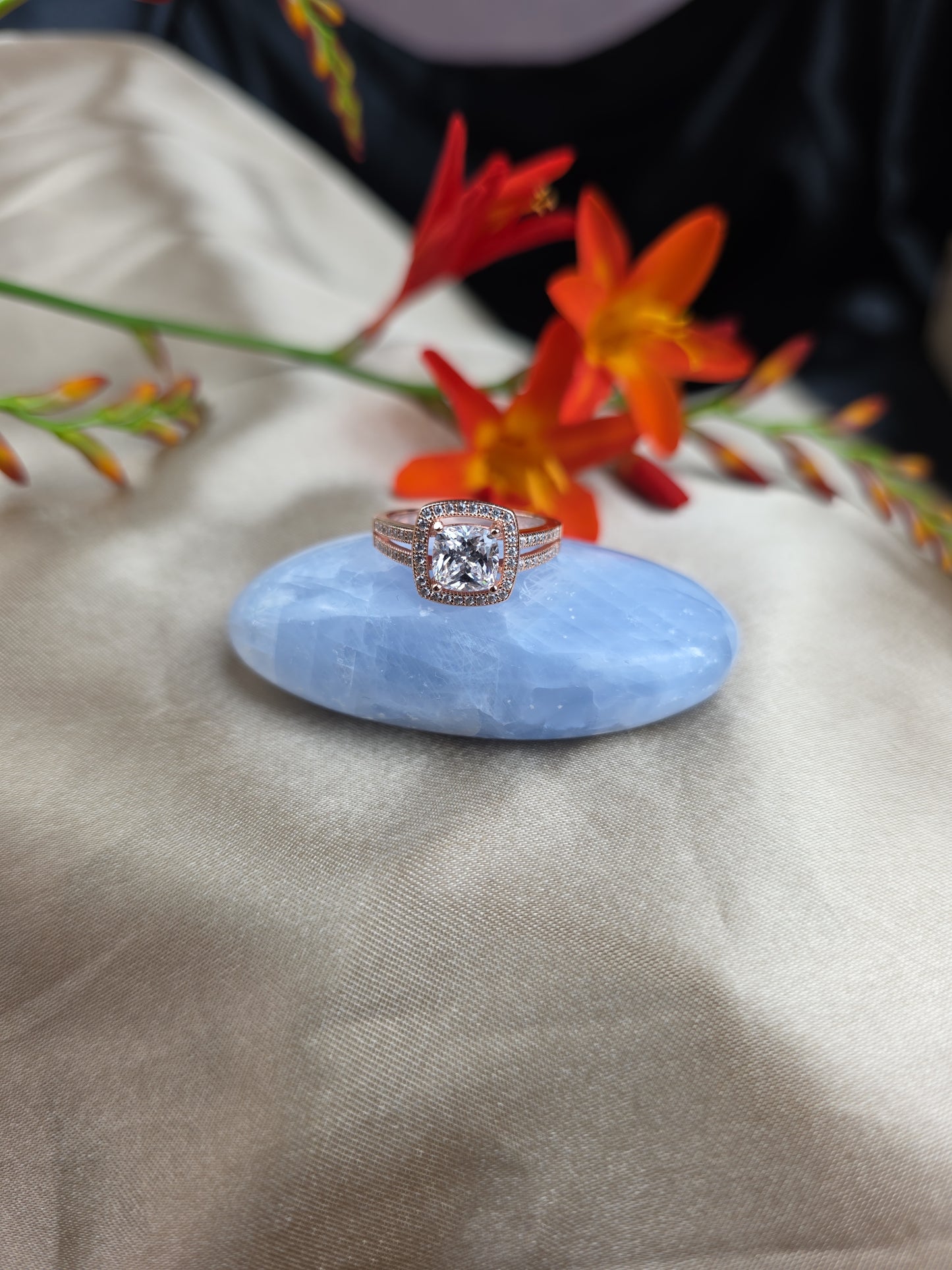 Rose gold plated micro set square halo cubic zirconia