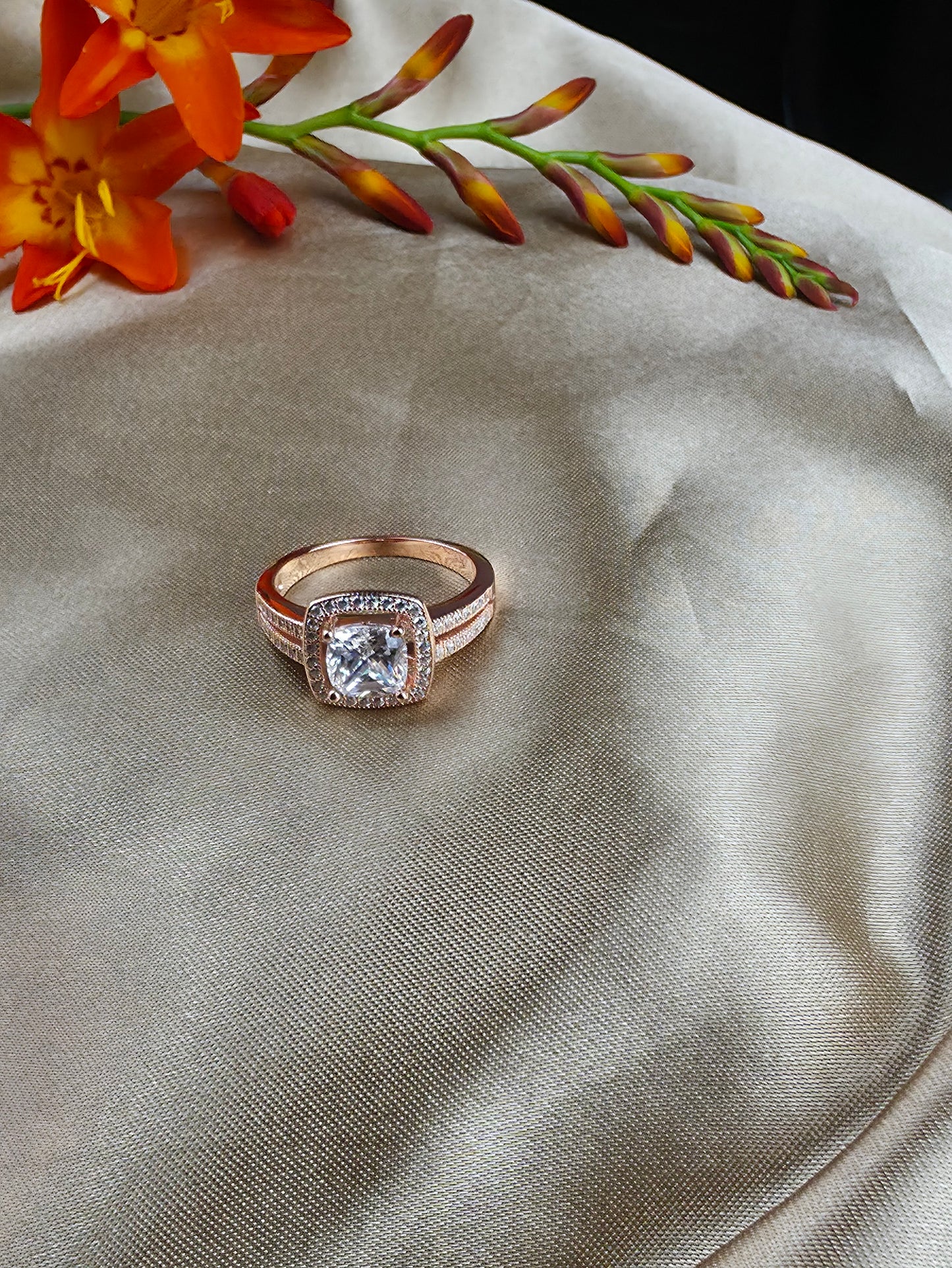 Rose gold plated micro set square halo cubic zirconia