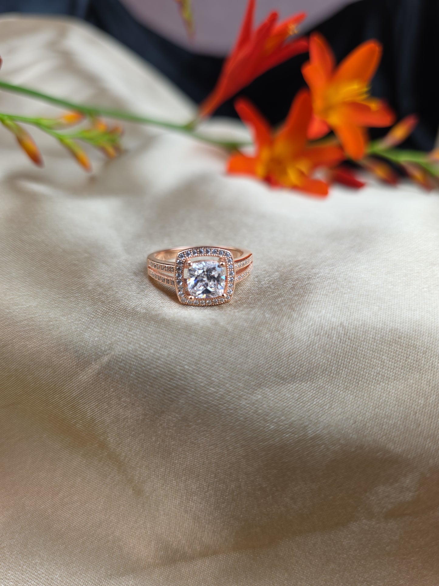 Rose gold plated micro set square halo cubic zirconia