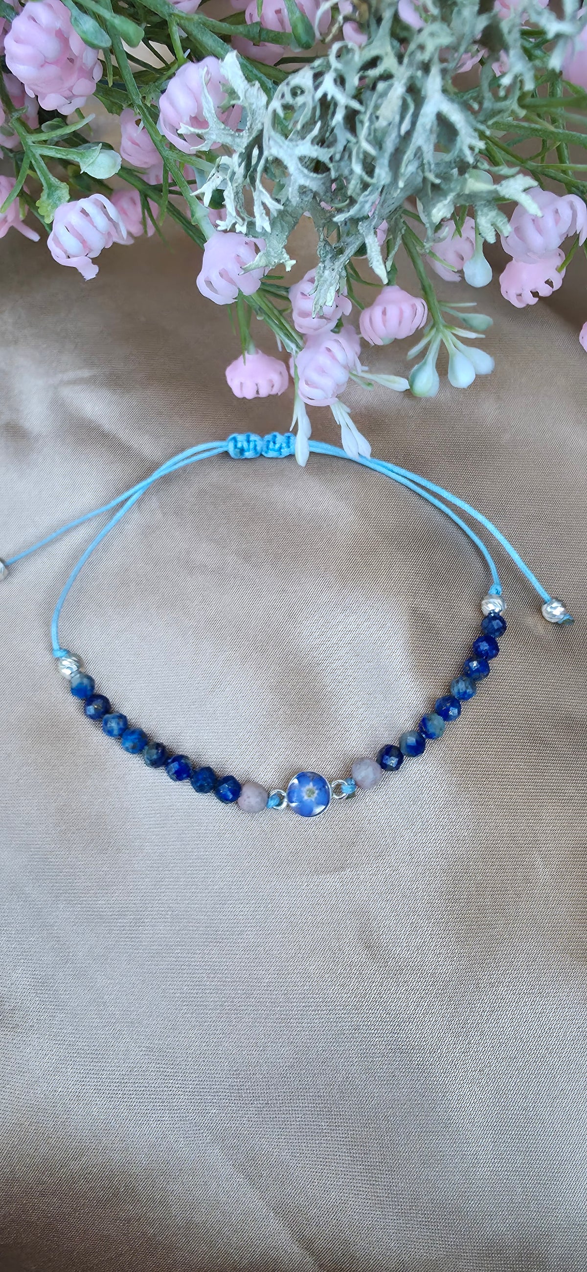 Handcrafted Forget-Me-Not Resin Bracelet, Sodalite Rhodonite Sterling Silver Beads, Botanical Jewelry