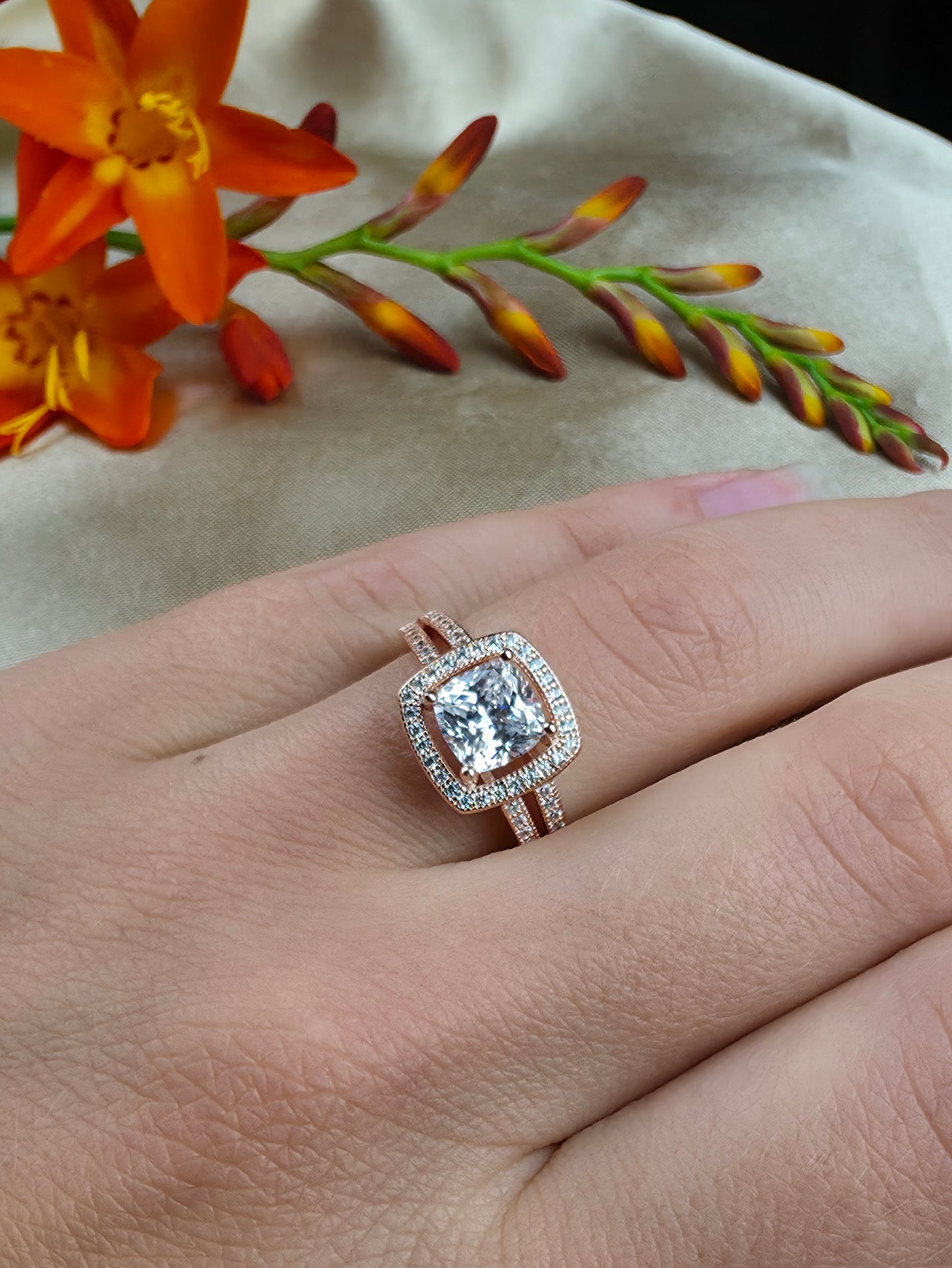 Rose gold plated micro set square halo cubic zirconia