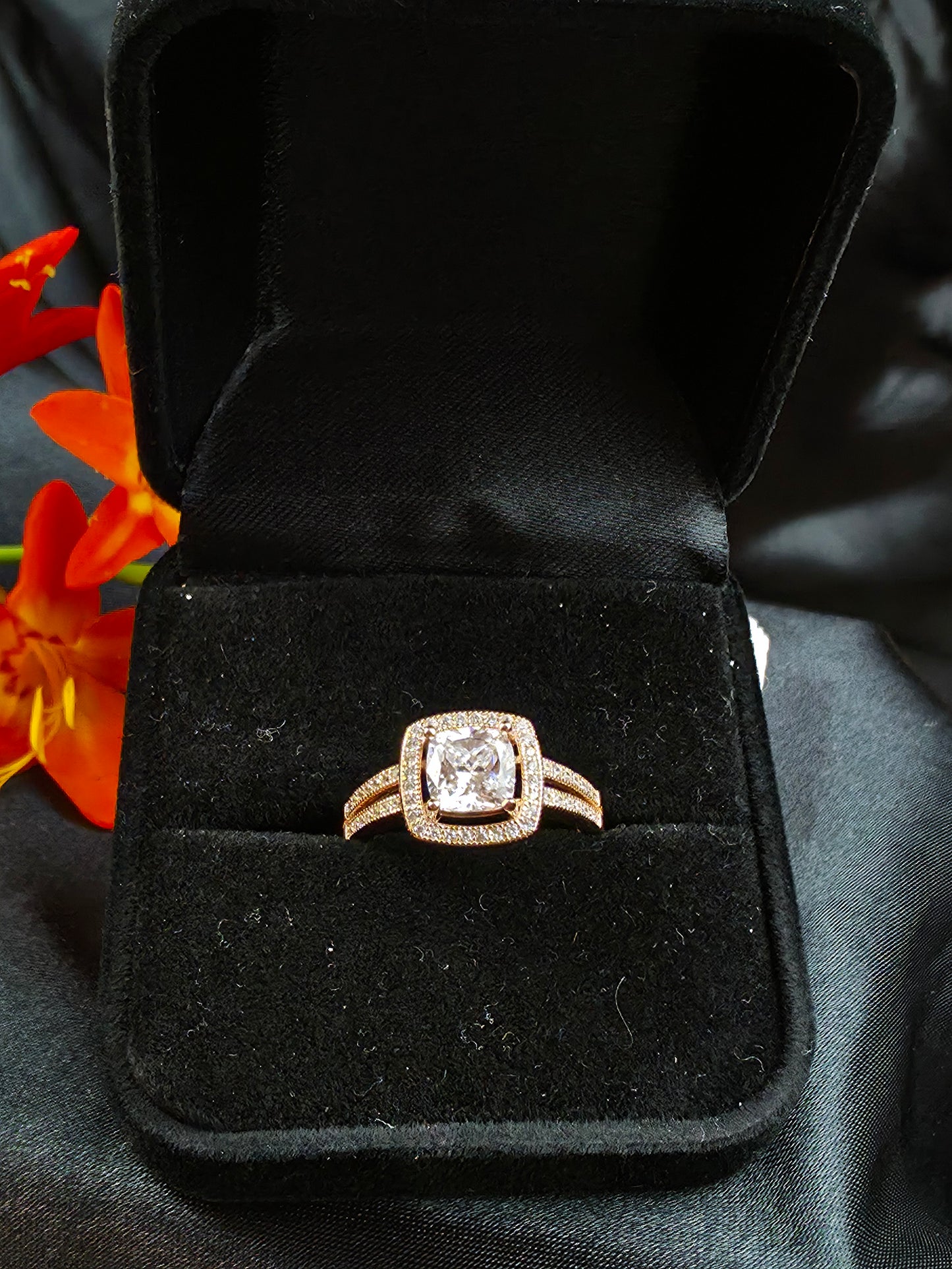 Rose gold plated micro set square halo cubic zirconia