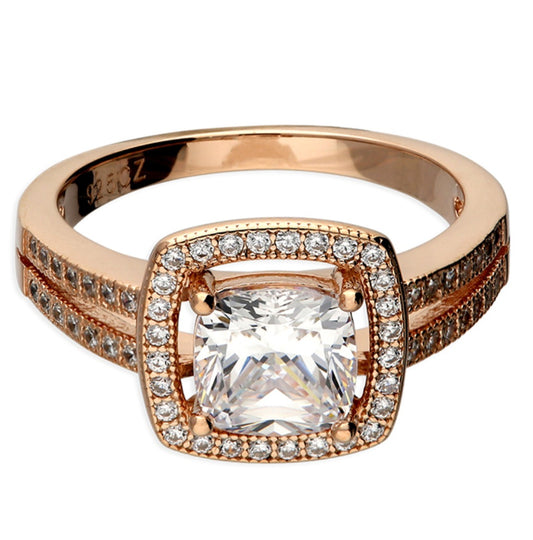 Rose gold plated micro set square halo cubic zirconia