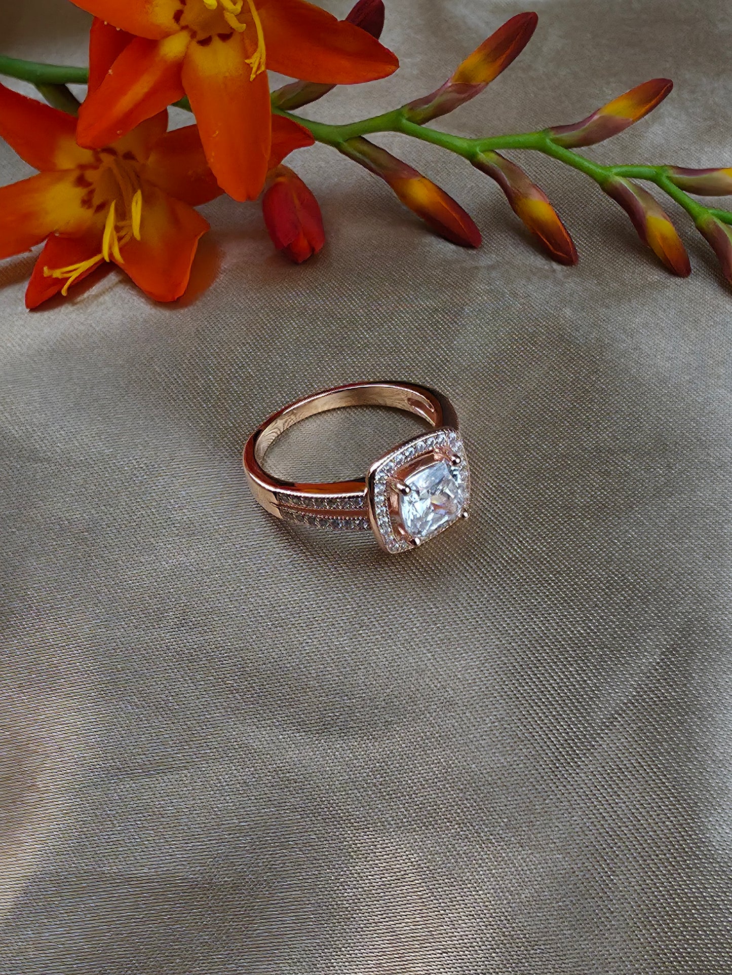 Rose gold plated micro set square halo cubic zirconia