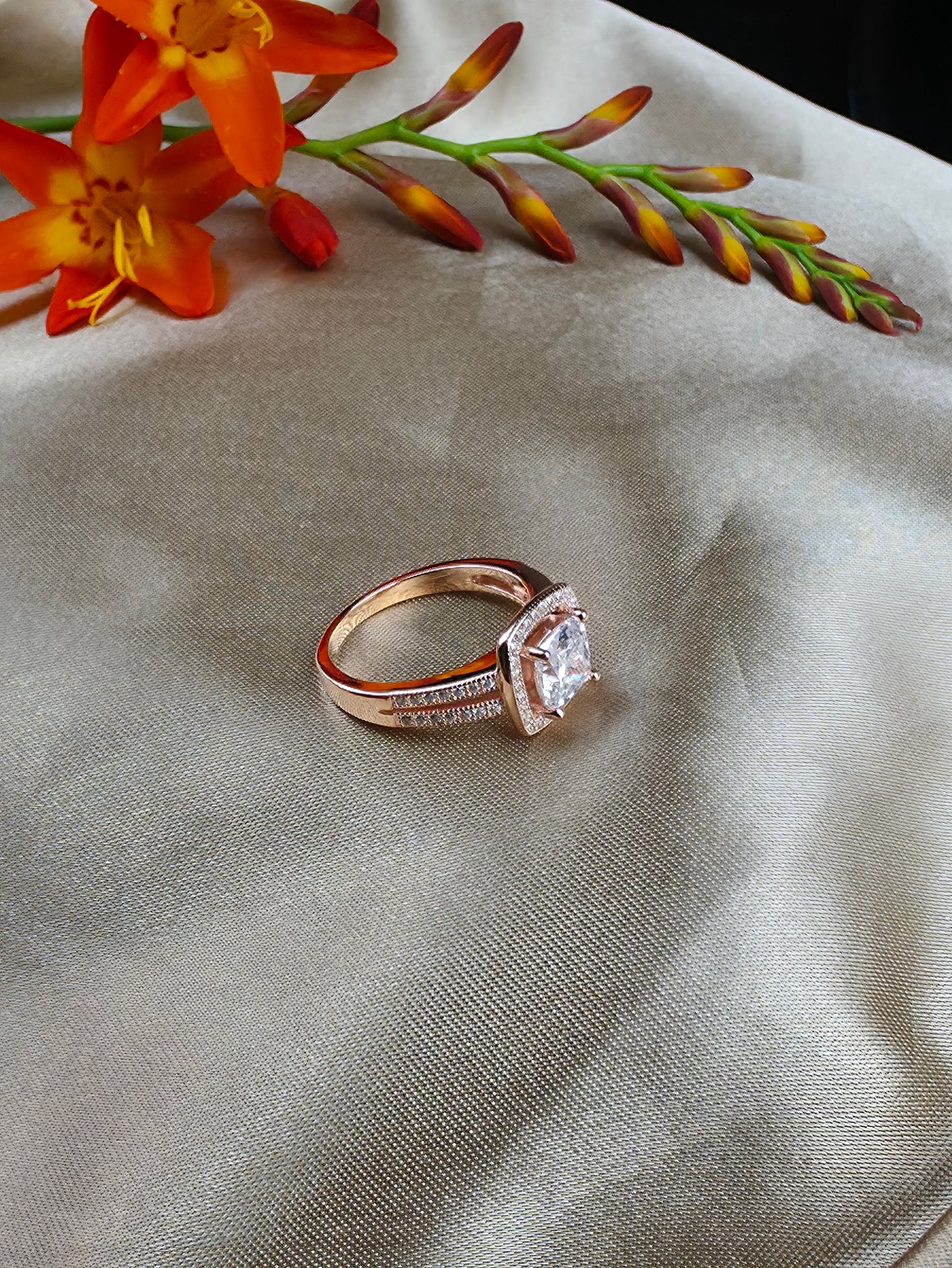 Rose gold plated micro set square halo cubic zirconia