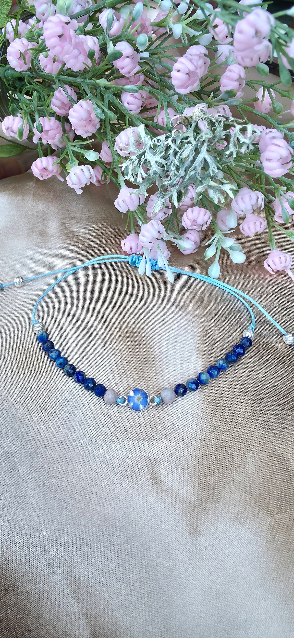 Handcrafted Forget-Me-Not Resin Bracelet, Sodalite Rhodonite Sterling Silver Beads, Botanical Jewelry