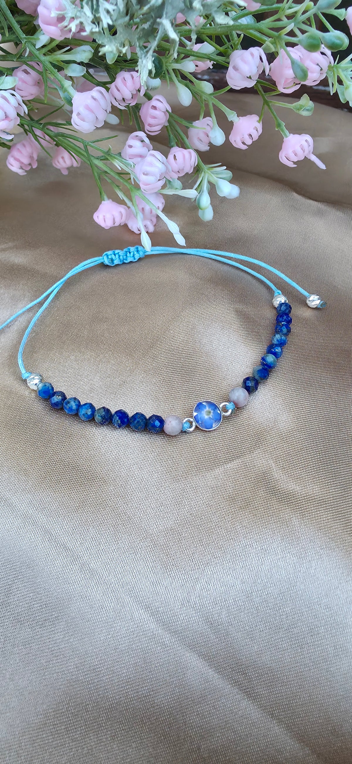 Handcrafted Forget-Me-Not Resin Bracelet, Sodalite Rhodonite Sterling Silver Beads, Botanical Jewelry
