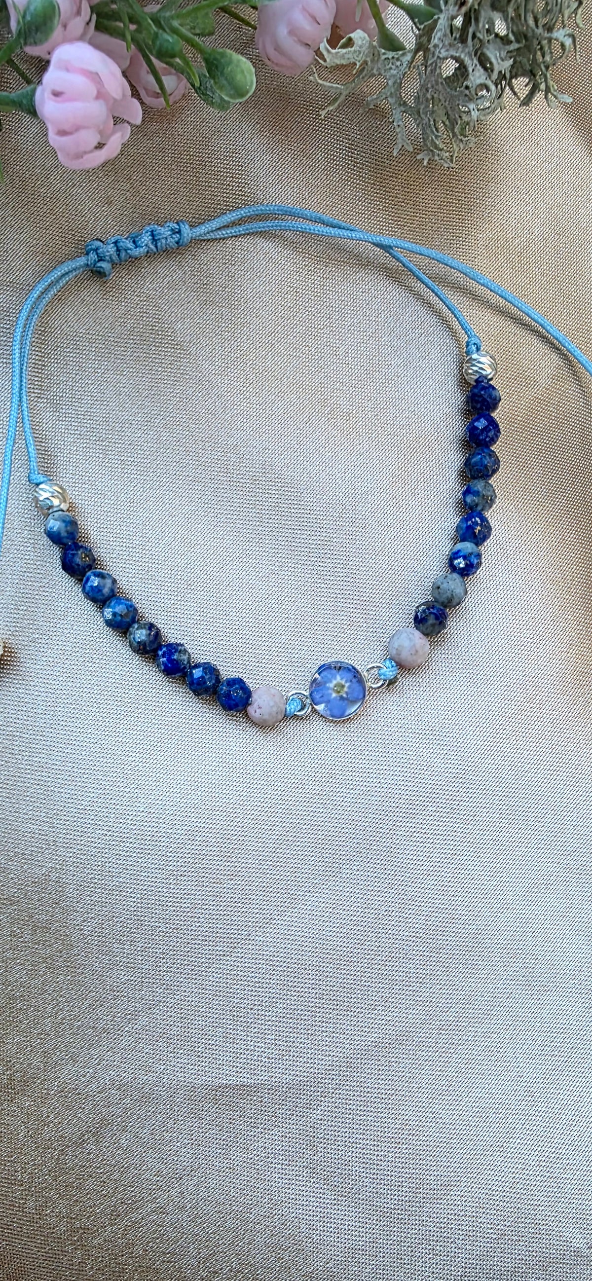 Handcrafted Forget-Me-Not Resin Bracelet, Sodalite Rhodonite Sterling Silver Beads, Botanical Jewelry