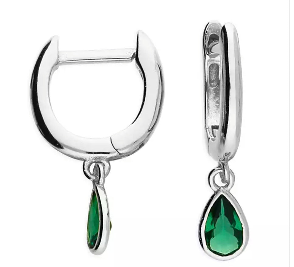 Horseshoe huggie hoop with a flat emerald  teardrop charm