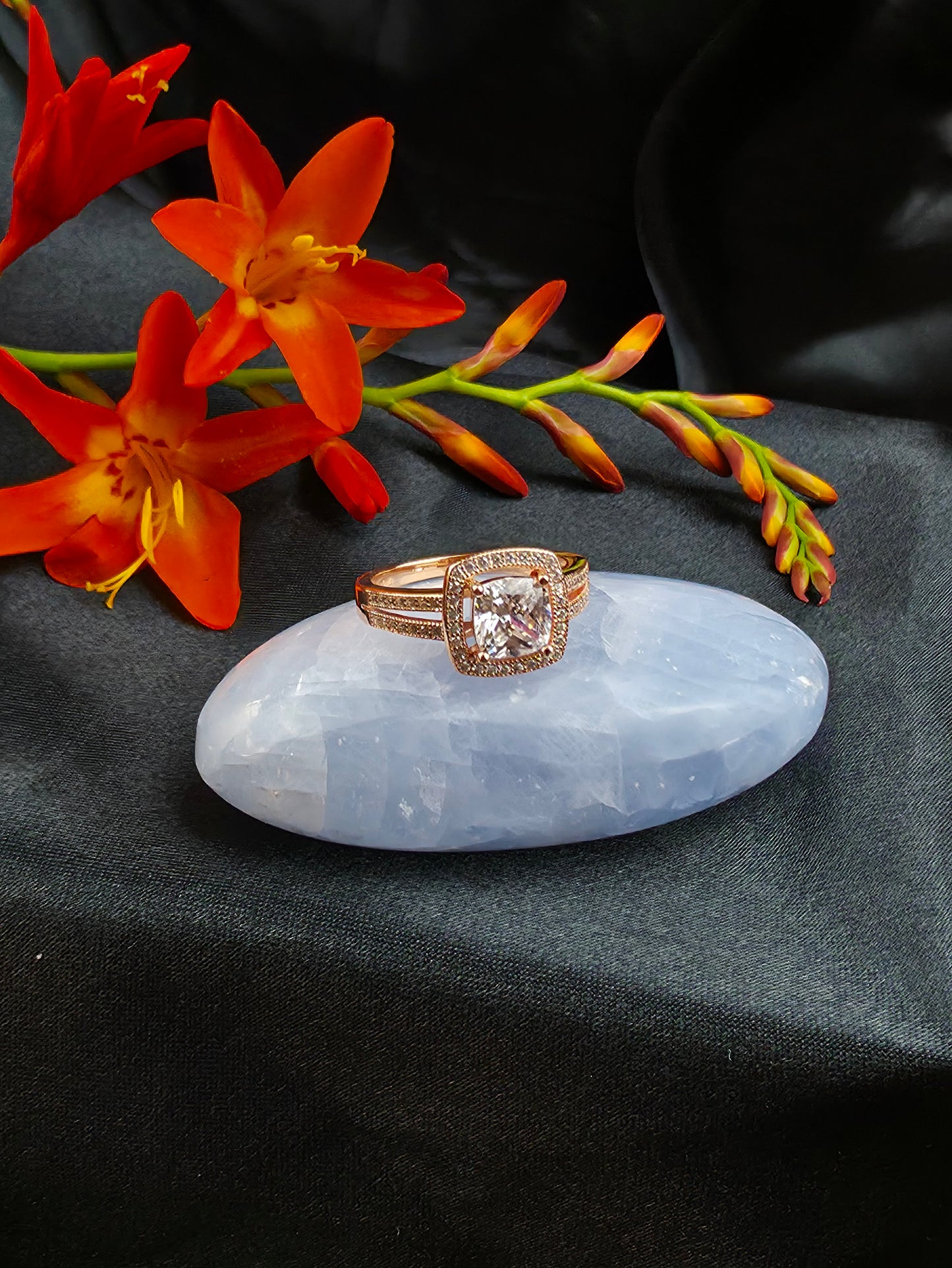 Rose gold plated micro set square halo cubic zirconia