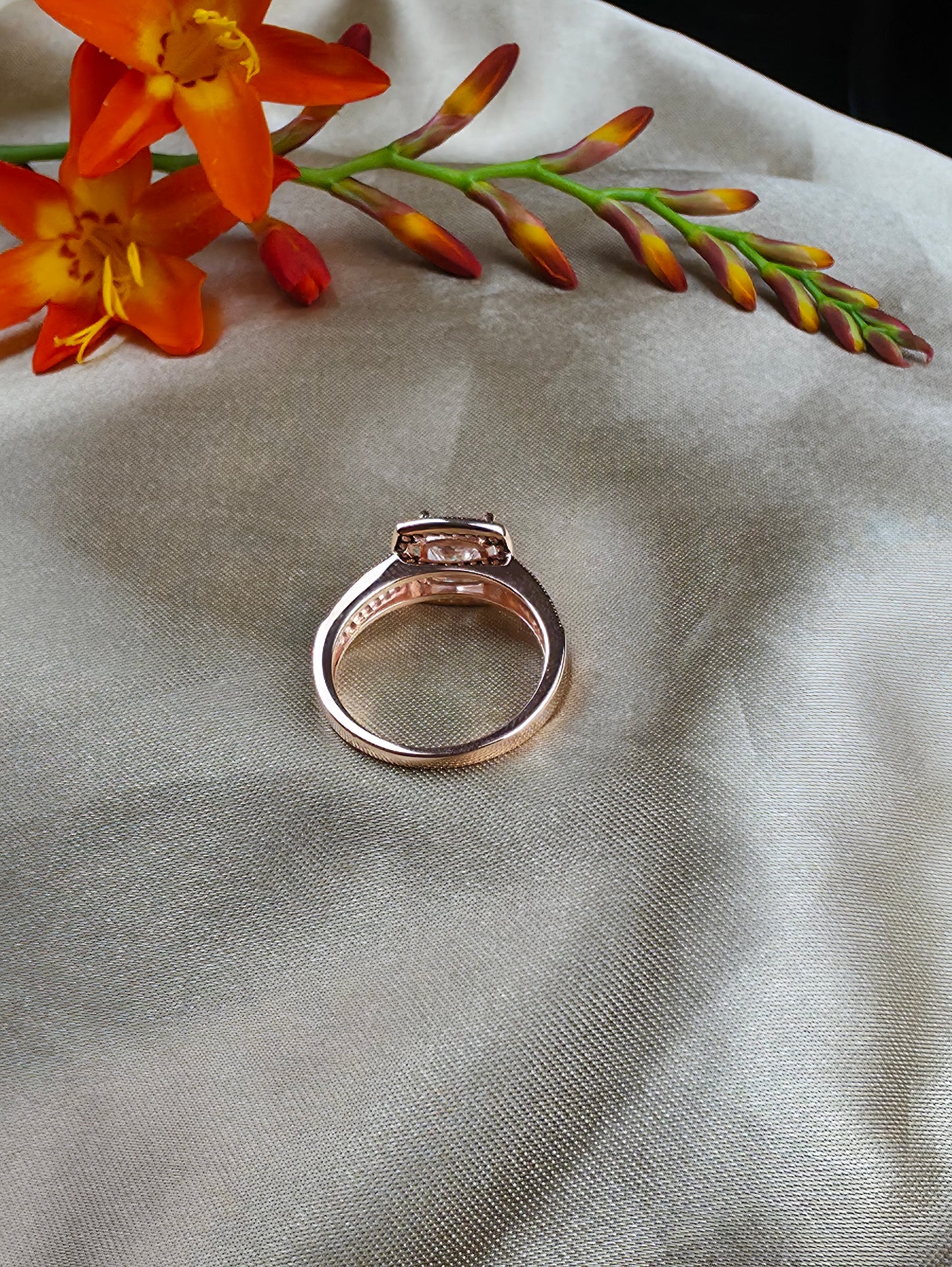 Rose gold plated micro set square halo cubic zirconia