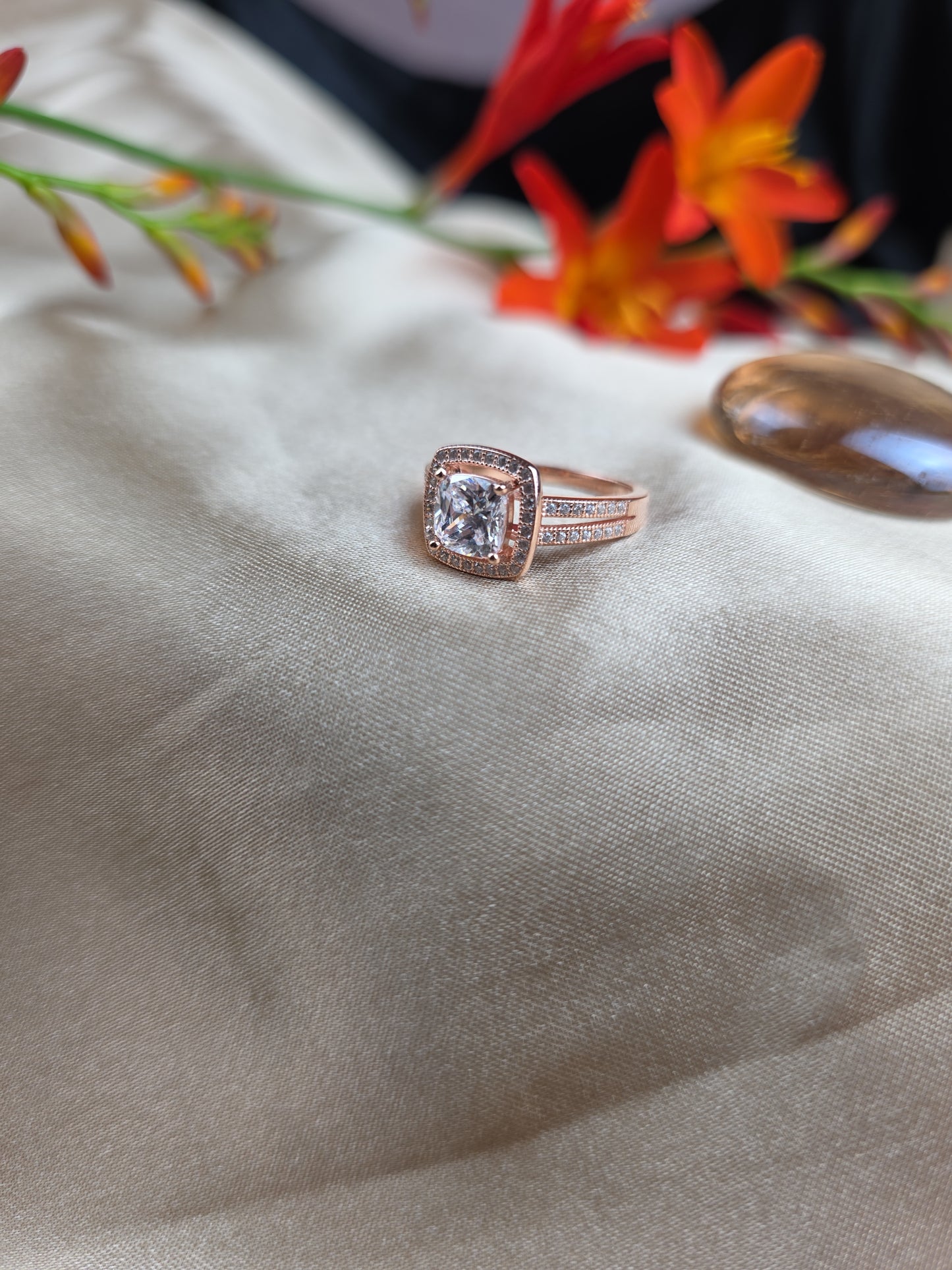 Rose gold plated micro set square halo cubic zirconia
