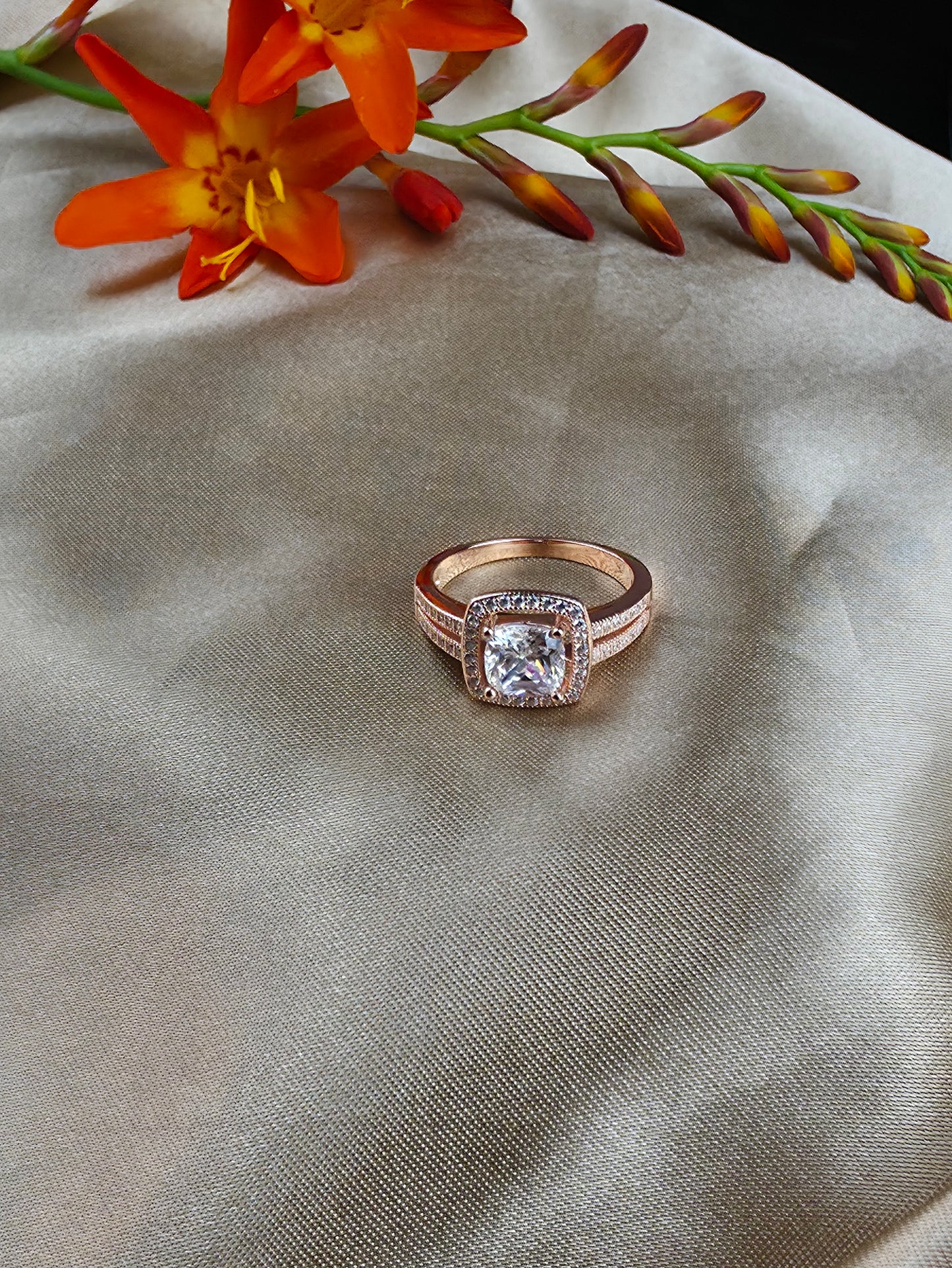 Rose gold plated micro set square halo cubic zirconia