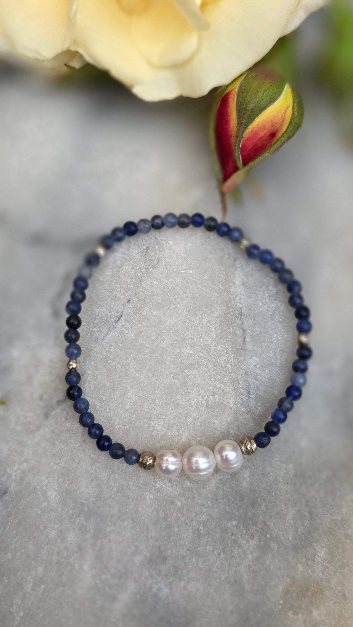 Sodalite Pearl Bracelet, 3mm Blue Gemstone, 6mm Freshwater Pearls, Sterling Silver Accents