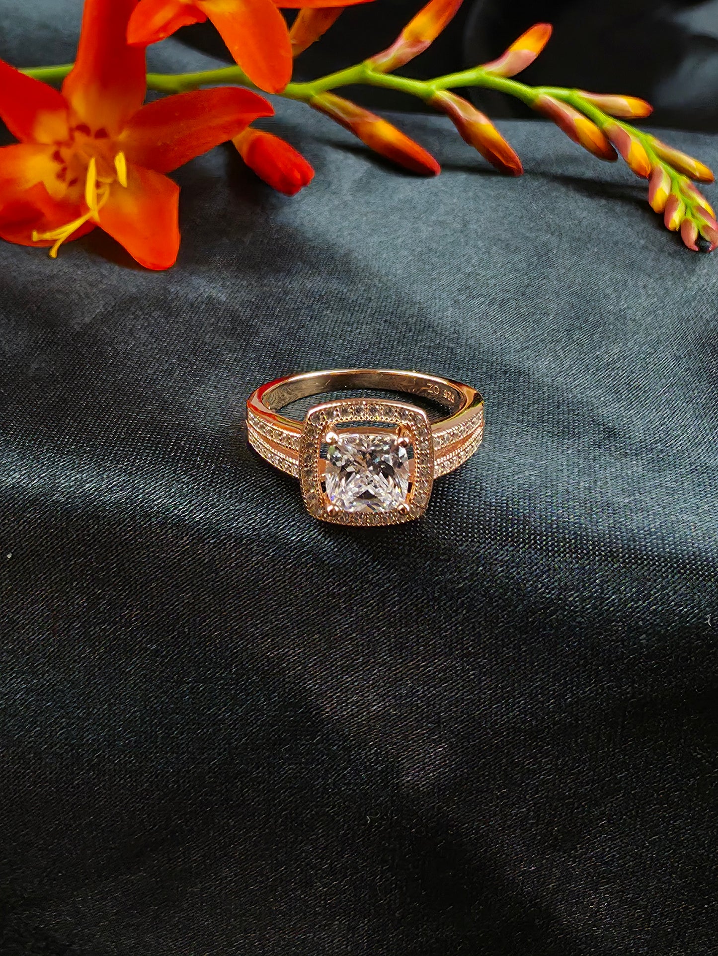 Rose gold plated micro set square halo cubic zirconia