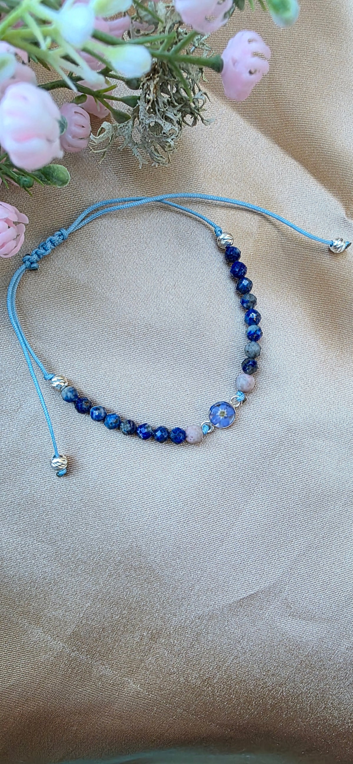 Handcrafted Forget-Me-Not Resin Bracelet, Sodalite Rhodonite Sterling Silver Beads, Botanical Jewelry