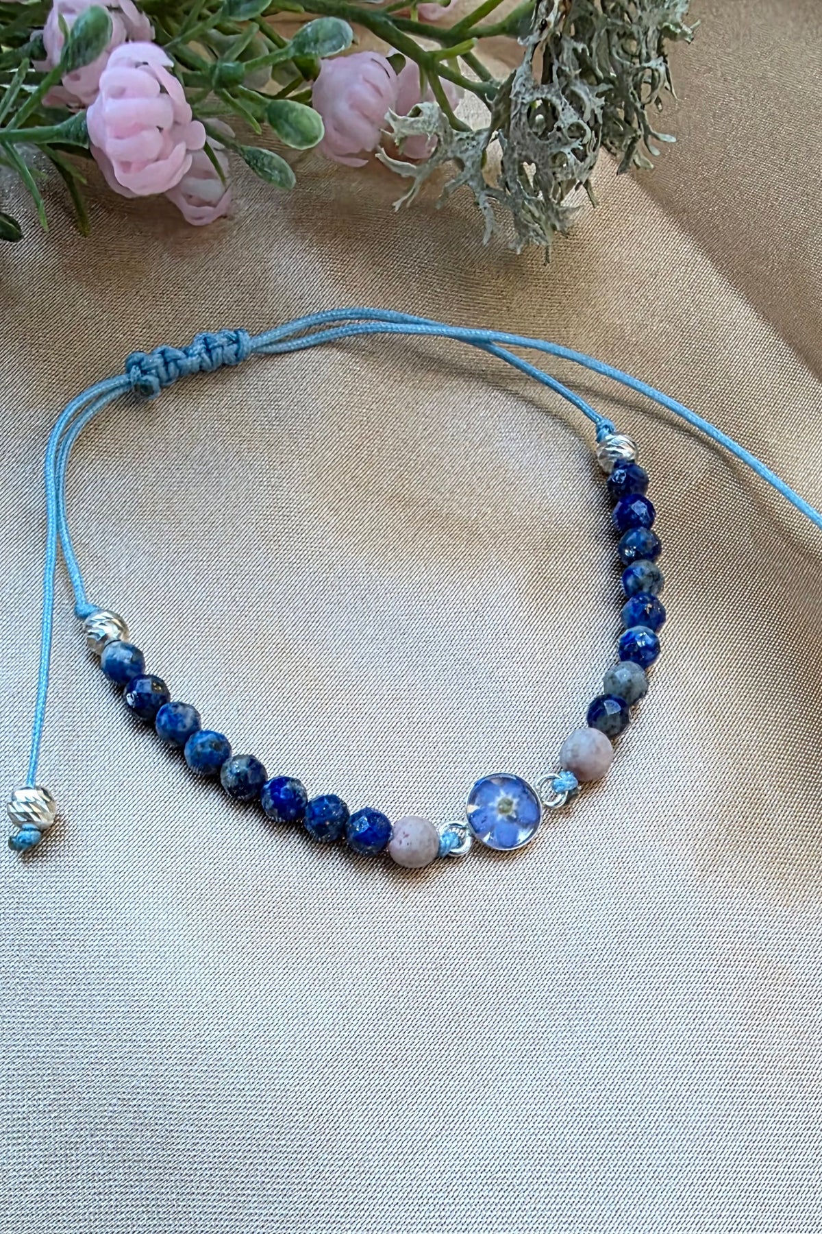 Handcrafted Forget-Me-Not Resin Bracelet, Sodalite Rhodonite Sterling Silver Beads, Botanical Jewelry